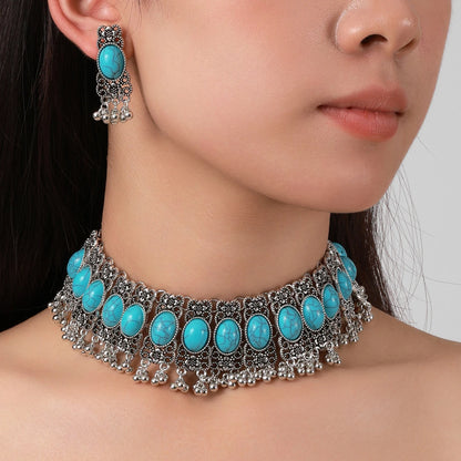 Boho Vintage Oval Turquoises Necklace Earring Jewelry Set for Women Silver Plated Geometric Tassel Blue Stone Women Sets