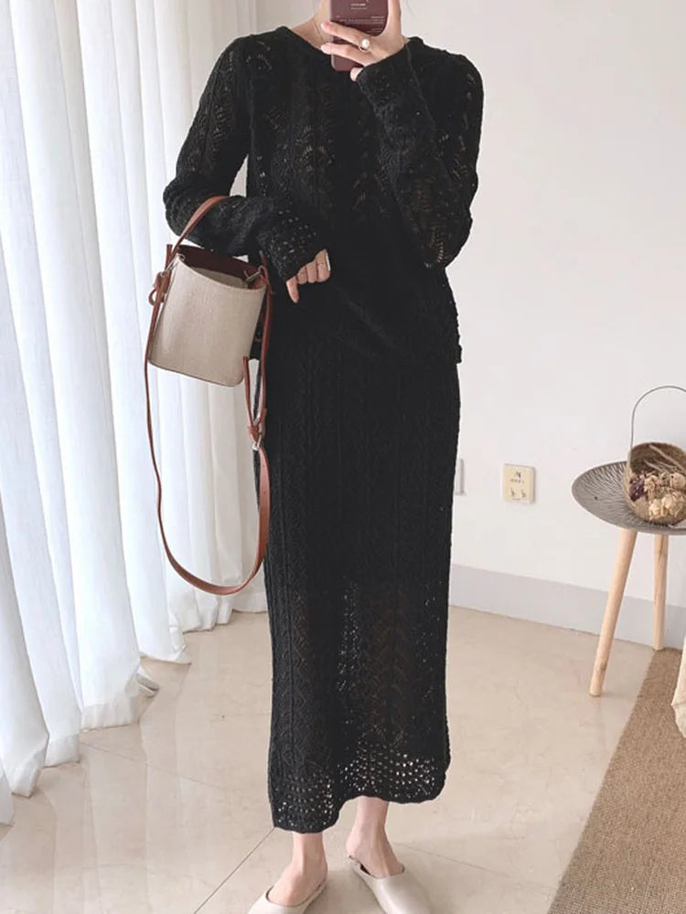 Skirt Two Piece Suit Knitted Dress Hollow Out New Round Neck Long Sleeve Fit Women Fashion Tide Autumn 2025 23KX517