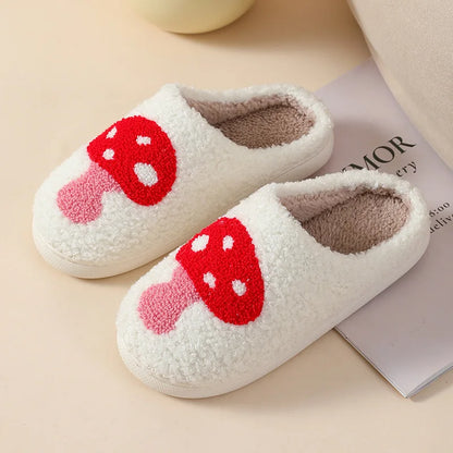 House Slippers for Women, Cute Big Small Heart, Fluffy Cozy Home Comfy Shoes for Ladies, Indoor Slippers for Winter, Mushroom