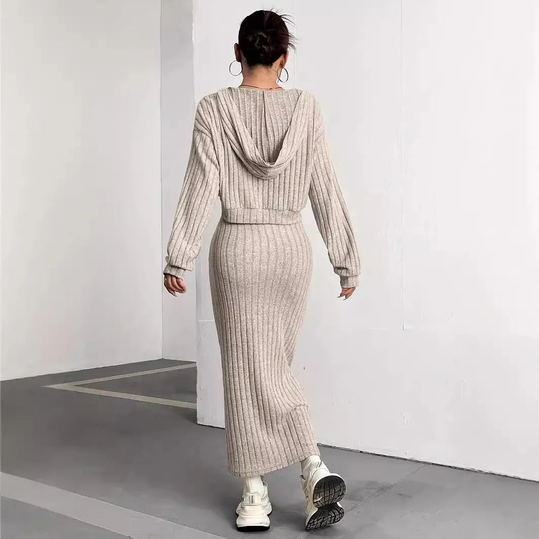 2025 Autumn/Winter New Style Casual Commuting Knitted Long Sleeve Set Hoodie Loose Dress Two Piece Set