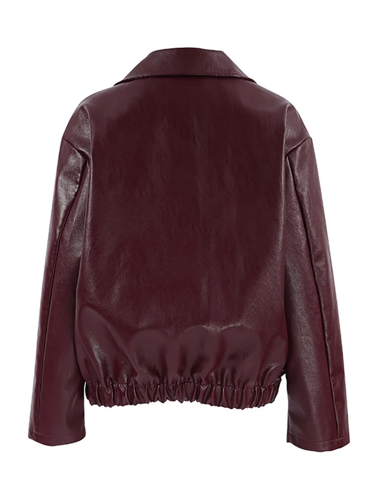 Wine Red Faux Leather Fashion Outerwear 2024 Thicken Zipper Lapel Pu Coats Autumn Winter Streetwear Ladies Tunic Tops Women