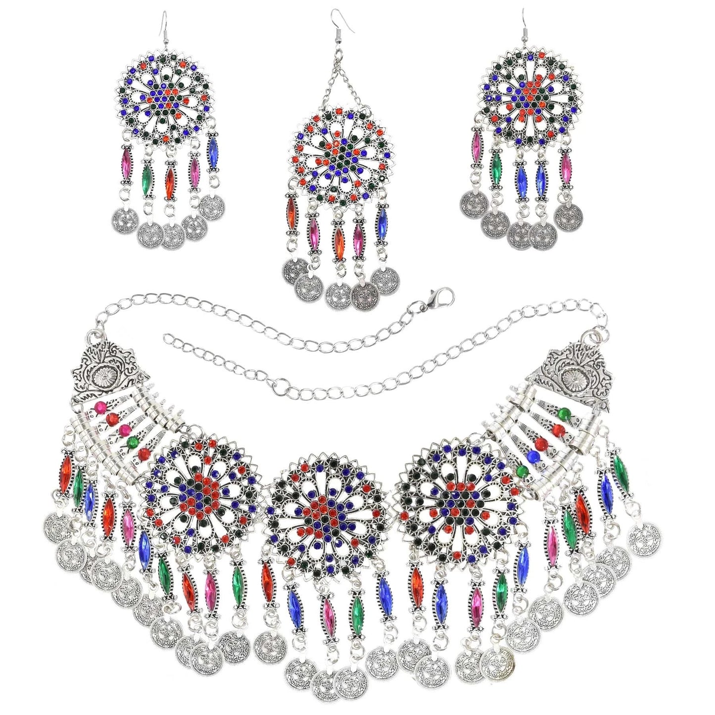 Color Crystal Coin Tassel Choker Necklace Earrings For Women Turkish Afghan Dress Indian Clothes Traditional Ethnic Jewelry Set