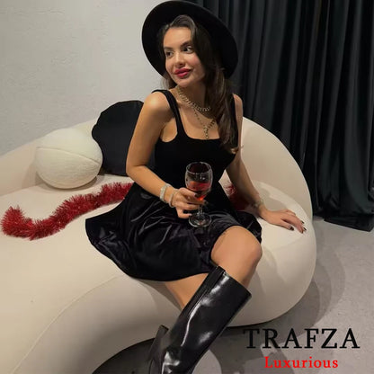 TRAFZA Sexy Chic Velvet Women Dress Solid Sleeveless Zipper Ruffles Mini Party Dress New Fashion 2025 Evening Club Dress