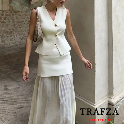 TRAFZA Office Lady Beige Knitted Women Suit V Neck Gold Button Vest+High Waist Ruffles Long Skirts Fashion 2024 Elegant Sets