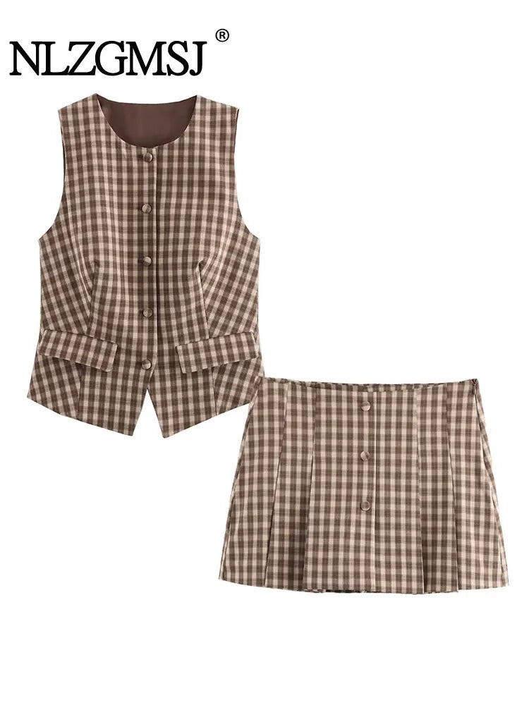 Plaid Vest Coat and Mini Shorts Skirts Casual two Pieces Set Suit for women