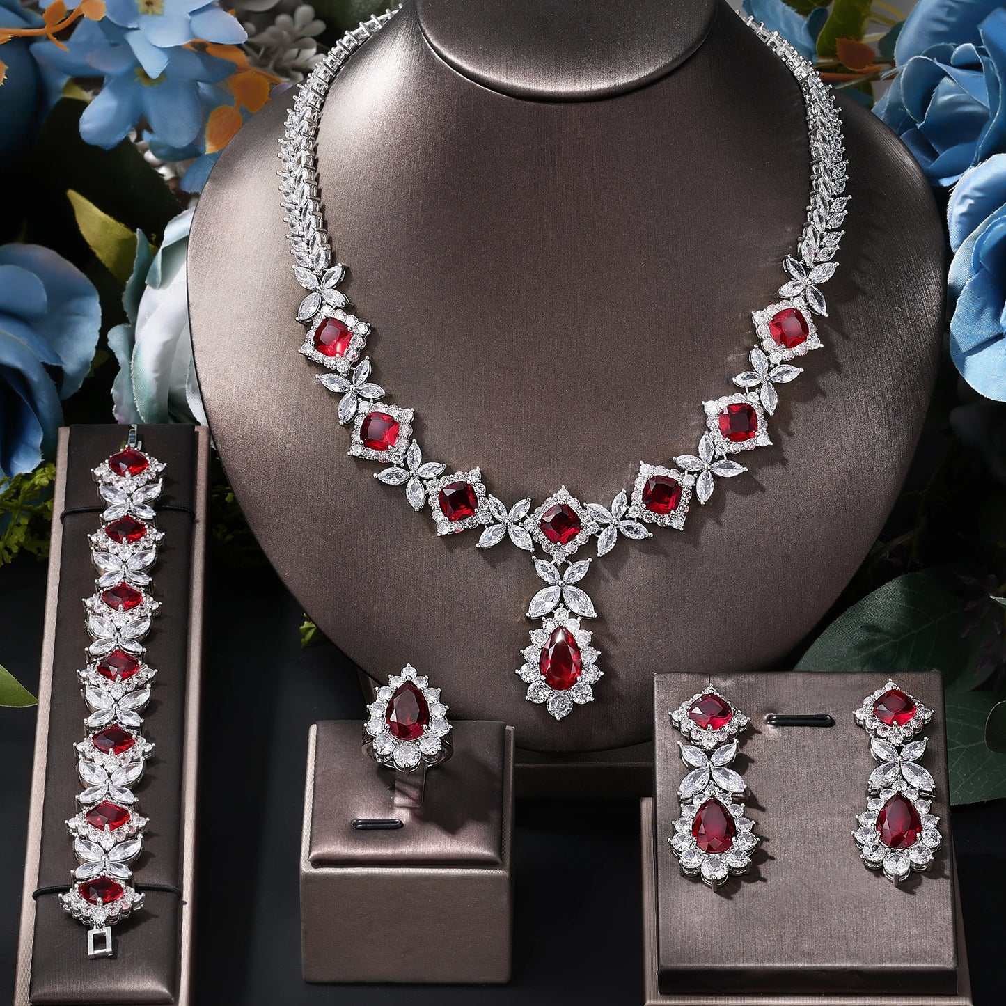 Cubic zirconia  flower necklace earrings crystal luxury jewelry set