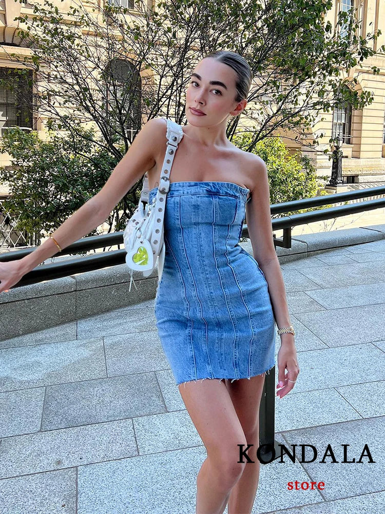 TRAFZA Sexy Blue Denim Sheath Mini Party Dress Women Y2K Street Style Jeans Tube Backless Bodycon Dress Fashion 2024 Vestidos