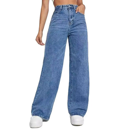 Women's new dark blue wide leg straight jeans slimming all-match