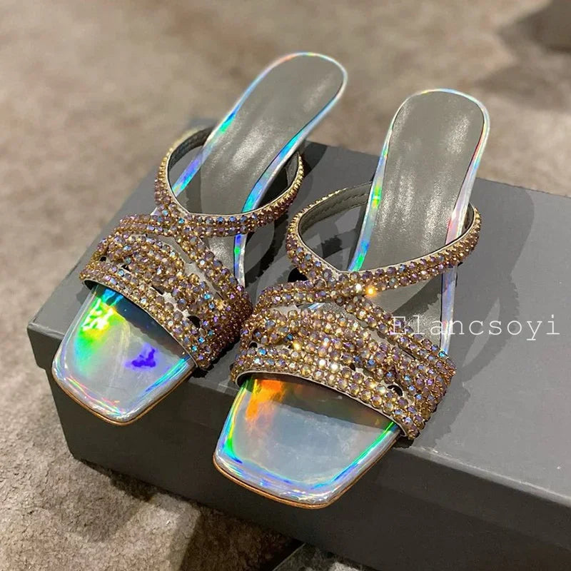 Bling Bling Rhinestone High Heels Slippers Women's Square Toe Thin Heels Lazy Sandals Summer Fashion Party Dress Shoes 2025