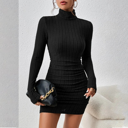 Women Clothing Solid Color Long Dress Slimming Turtleneck Pullover Dresses Temperament Hip Wrap Dress