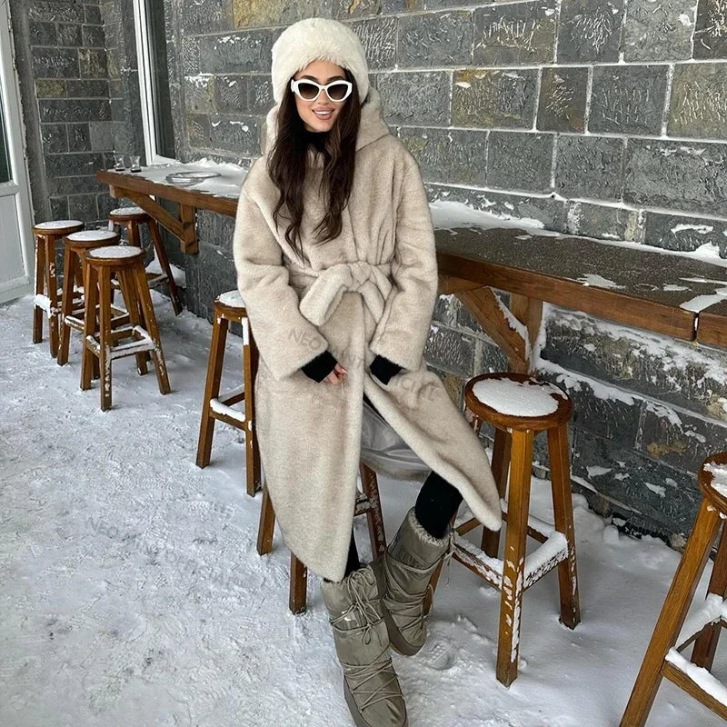 Belted Faux Mink Fur Coat Women 2024 Winter Beige Gradient Furry Fur Jacket Luxury Brand Hooded Warm Outerwear Overcoat