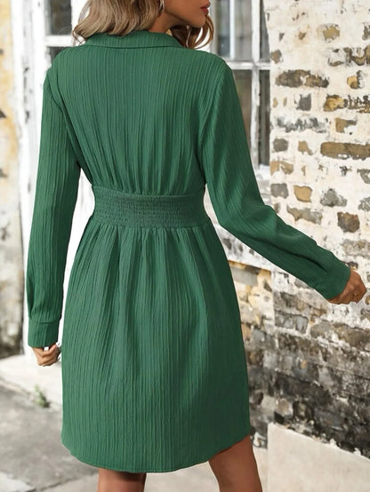 Women Fashion Mini Dress 2025 New Elegant Turn-down Collar Elastic Waist Long Shirt Dress Lady Commuter Plain Texture Dress