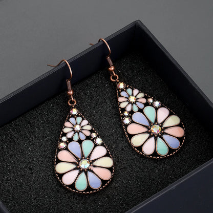 Retro Multicolor Flower Crystal Earrings for Women Boho Hollow Water Drop Pendant Earrings Girls Fashion Jewelry Gift