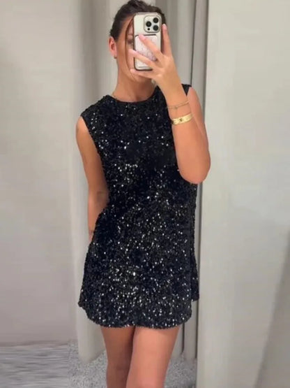 Mozision Sequins Backless Bow Sexy Mini Dress For Women Robe 2025 New Sleeveless A-line Sparkle Club Dress Elegant Vestido