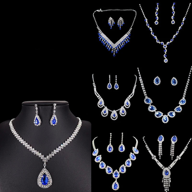 Luxury Blue Rhinestone Silver Plated Wedding Party Necklace Earrings Set Fashion Blue Crystal Bridal Jewelry Set Ladies Gift