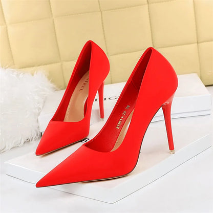 Concise Big 34-43 Woman Shoes Shallow Solid Silk High Heels Women Pumps Autumn Purple Red Pointy Toe Ladies Wedding Office Shoes