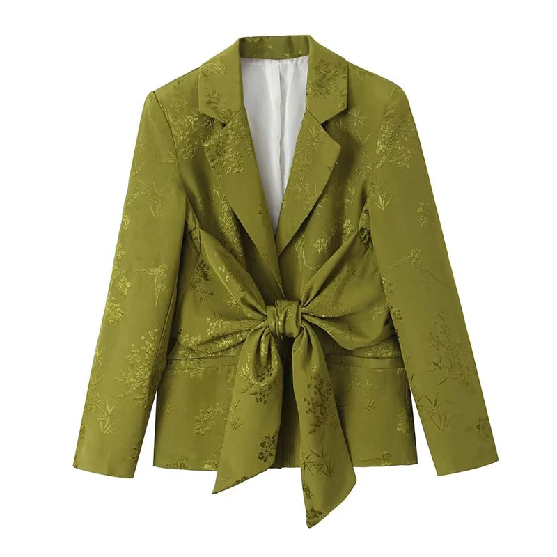 Women Fashion 2 Piece Set Green Printed Blazer With Bow & Vintage Front Zipper Trousers Feamle Chic Lady Pants Sets