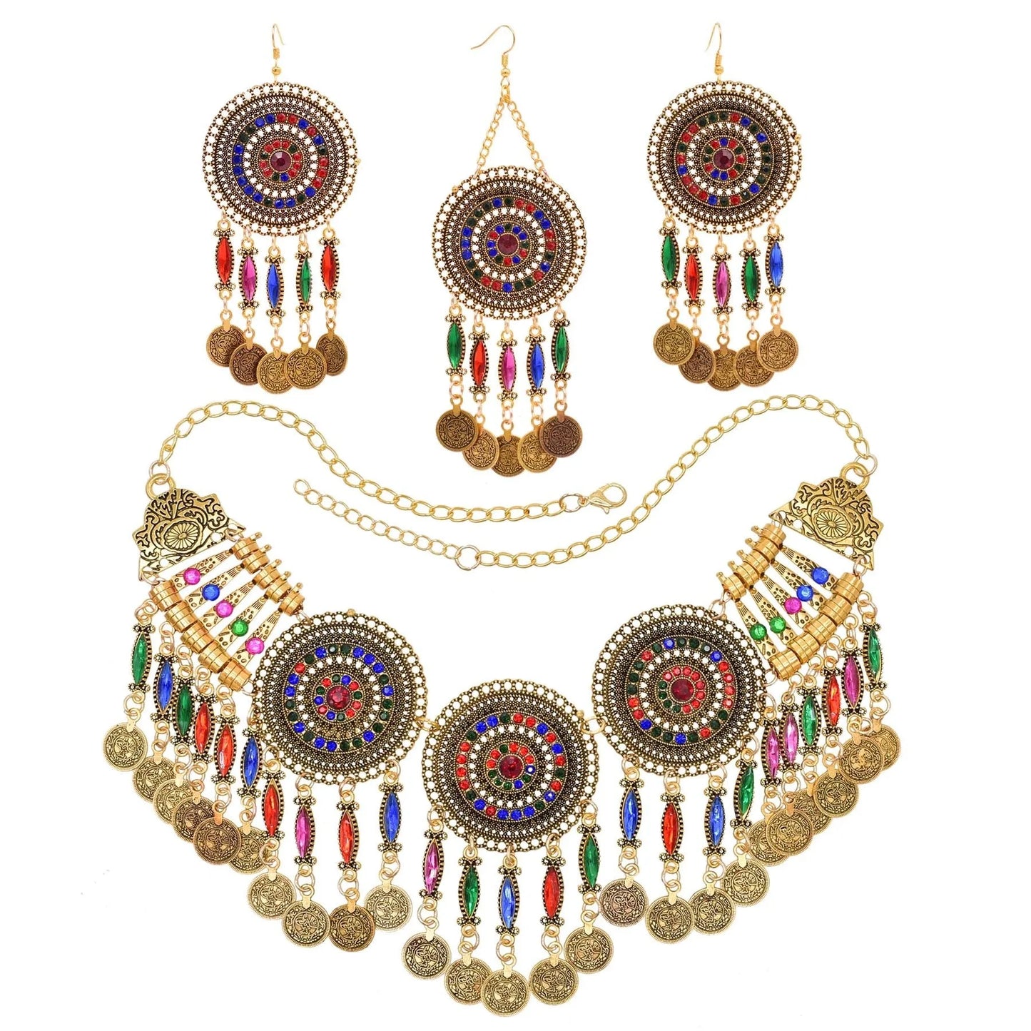 3pcs Indian Afghan Jewelry Sets Necklace Earrings Hairbands for Women Boho Ethnic Coins Tassels Colorful Crystal Drop Accessory