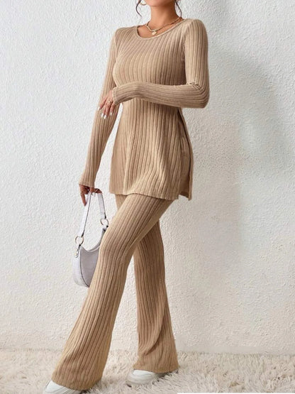 Autumn Winter Women's Clothing New Style Solid Color Sexy Casual Long Sleeved Round Neck Slit Fashion Temperament Two-piece Set