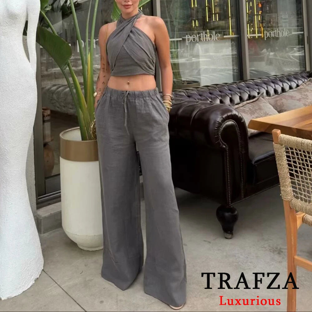 TRAFZA Streetwear Khaki Suits Women Sleeveless Halter Sexy Crop Tops Women+High Waist Wide Leg Pants Fashion 2025 Sets