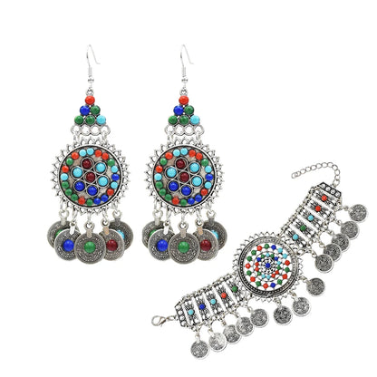 Ethnic Color Bead Coin Earrings Bracelet Necklace Set for Women Gypsy Tribal Afghan Dress Pakistan Indian Bride Wedding Jewelry