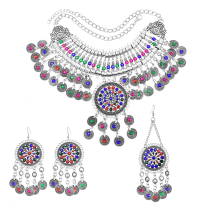 3pcs Indian Afghan Jewelry Sets Necklace Earrings Hairbands for Women Boho Ethnic Coins Tassels Colorful Crystal Drop Accessory