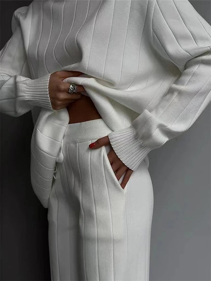 Autumn Winter 2 Pieces White Women's Sets Knitted Tracksuit Turtleneck Sweater and Straight Jogging Pant Suits 2023 New