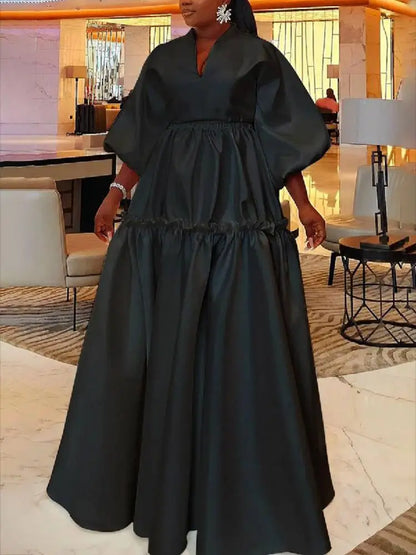 Women Minimalist Solid Color Puff Sleeves Falbala Party Evening Dress 2025 New Spring Autumn Loose Casual Maxi Dresses