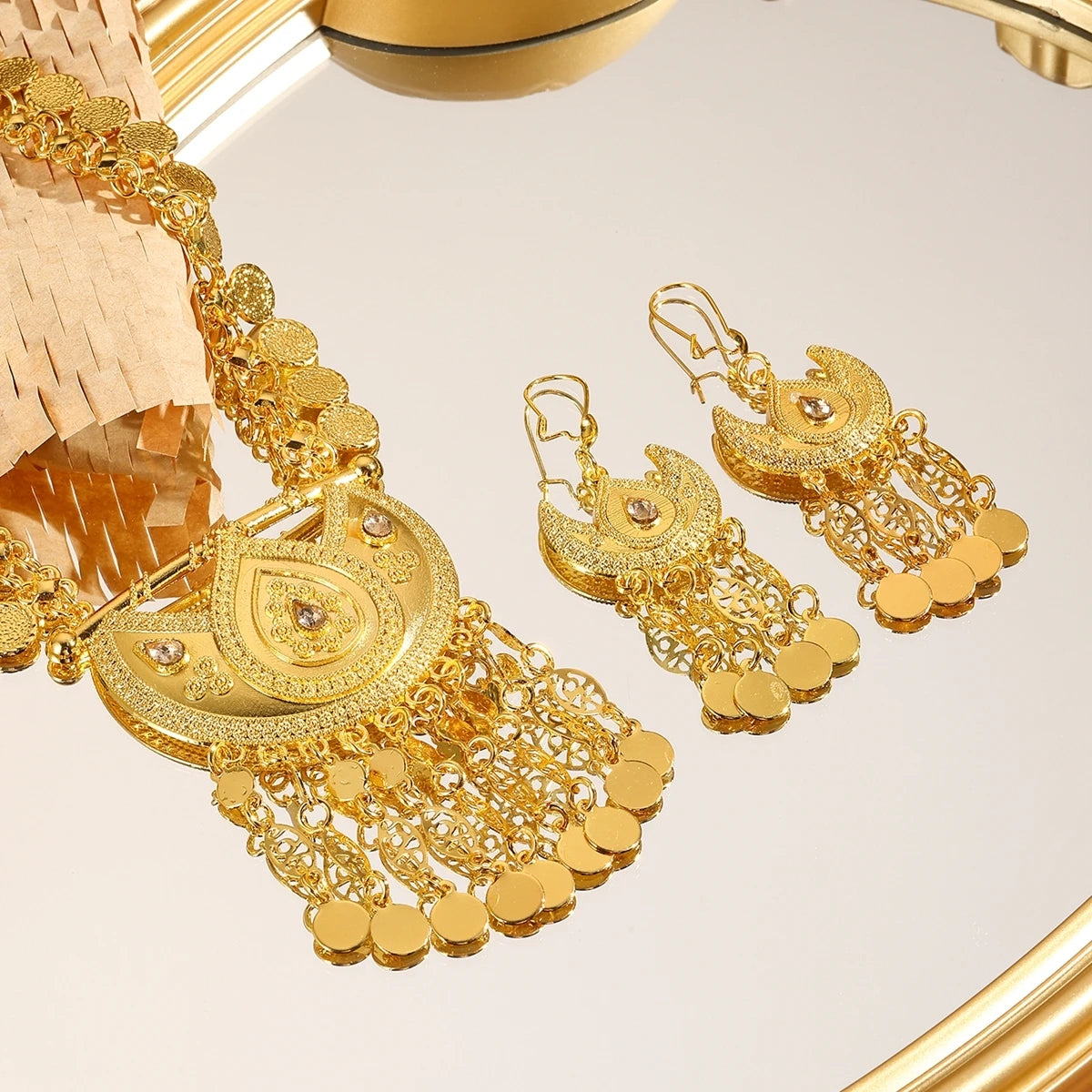 Women Arab Ethnic Golden Coins Crystal Moon Shape Necklace Earrings  Wedding Jewelry Set