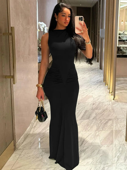 Dulzura Elegant Long Dress Ruched Bodycon Sleeveless Solid Dresses Lady Cocktail Party Wedding Guest Formal Women Clothes 2025