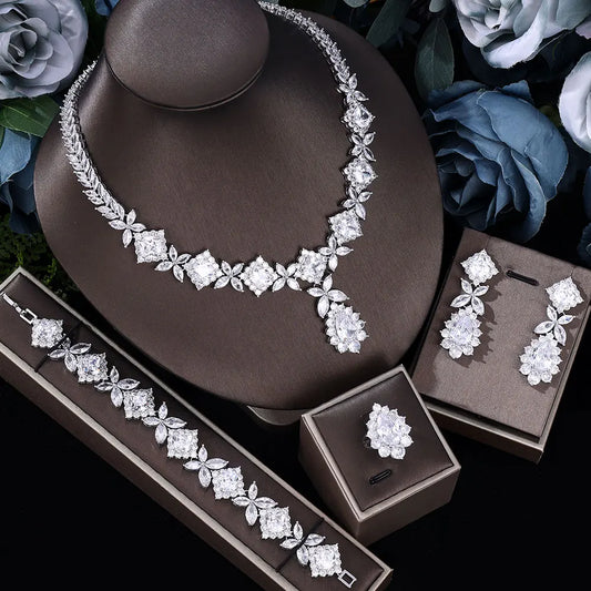 White Crystal Prom Wedding Jewelry Set Women's Accessories Flower Tassel Necklace Earrings Bridal Jewelry Set