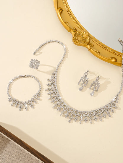 Luxury 4-piece Platinum Plated Bridal Wedding Set with Zircon Leaf Flower Design Women's Necklace Bracelet Earrings