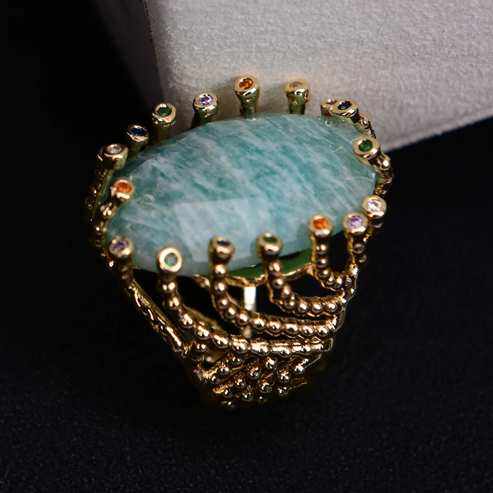 G-G Big Stone Natural Green Amazonite Gold Plated Finger Rings