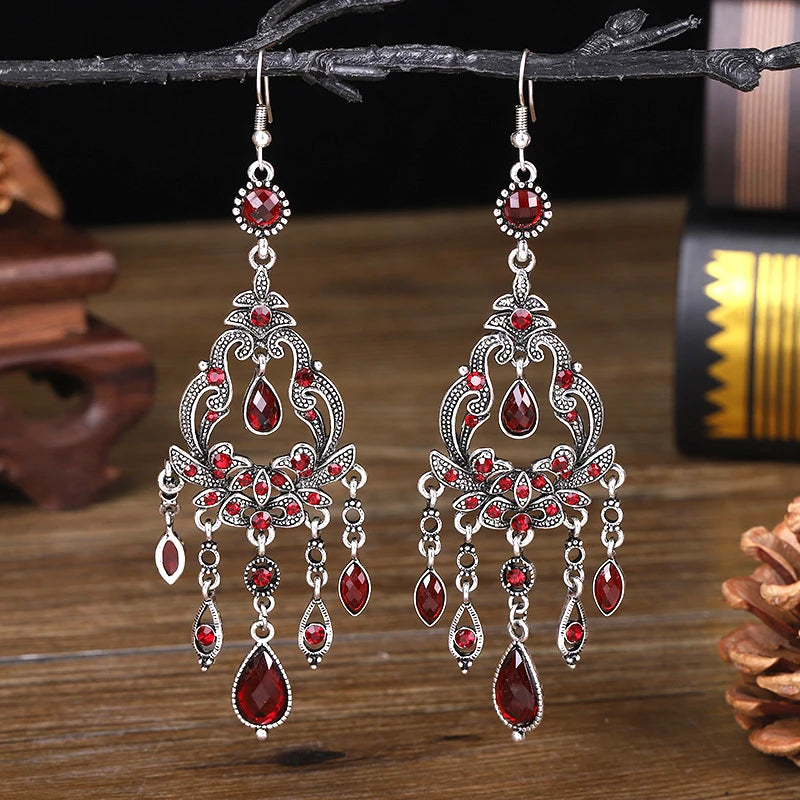 Vintage Ethnic Style Rhinestone Flower Shaped Water Drop Earrings for Women Elegant Long Texture Dangle Earring Female Jewelry