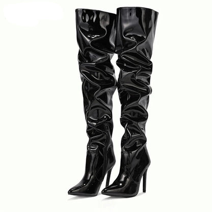 Red Women Over The Knee Boots High Heels Patent Leather Solid Pointed Toe Stiletto Side Zipper Sapatos Femininos