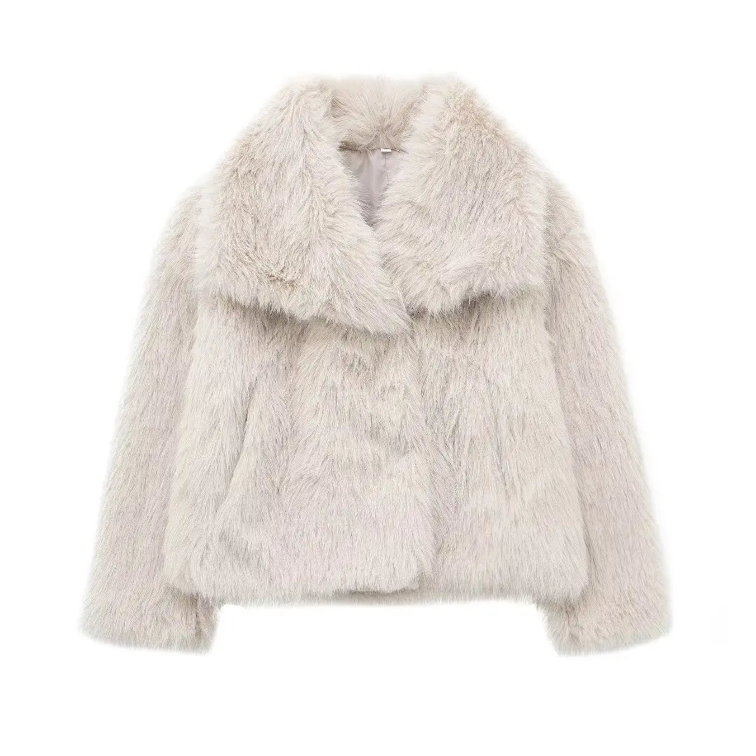 Women Fashion Cropped Faux Fur Jacket Coat Long Sleeve Front Snap-button Female Outerwear Chic Lapel Collar Thick Coat