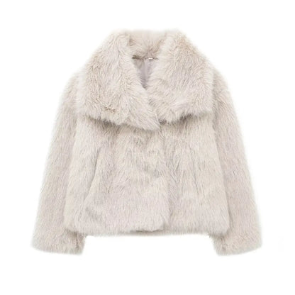 Women Fashion Cropped Faux Fur Jacket Coat Long Sleeve Front Snap-button Female Outerwear Chic Lapel Collar Thick Coat