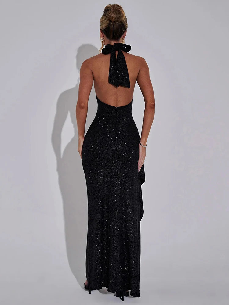 Sparkle Thigh High Split Sexy Maxi Dress Women Gown Black Half High Collar Sleeveless Backless Bodycon Sexy Long Dress