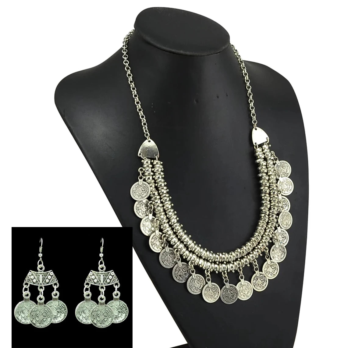 Vintage Silvery Coin Choker Necklace Earrings Gypsy Ethnic Tribal Turkish Afghan India Pakistan Collar Statement Jewelry Sets