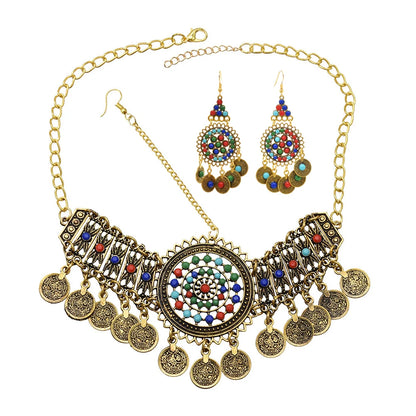 Traditional Gypsy Afghan Boho Ethnic Coins Jewelry Sets Colorful Acrylic Rhinestone Earrings Bracelet Hair Accessories for Women