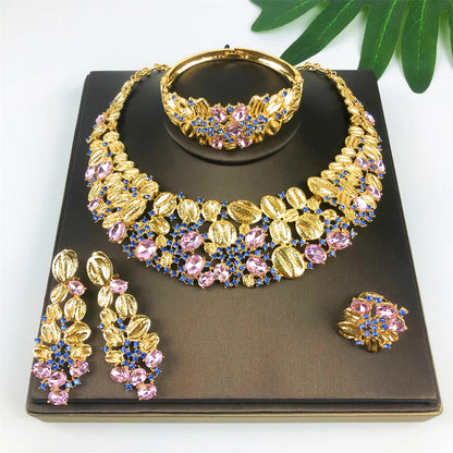 Women Luxury Design Vintage Opal Jewelry  Set Necklace Earrings Bracelet And Ring 18K Gold Plated Dubai Jewelry