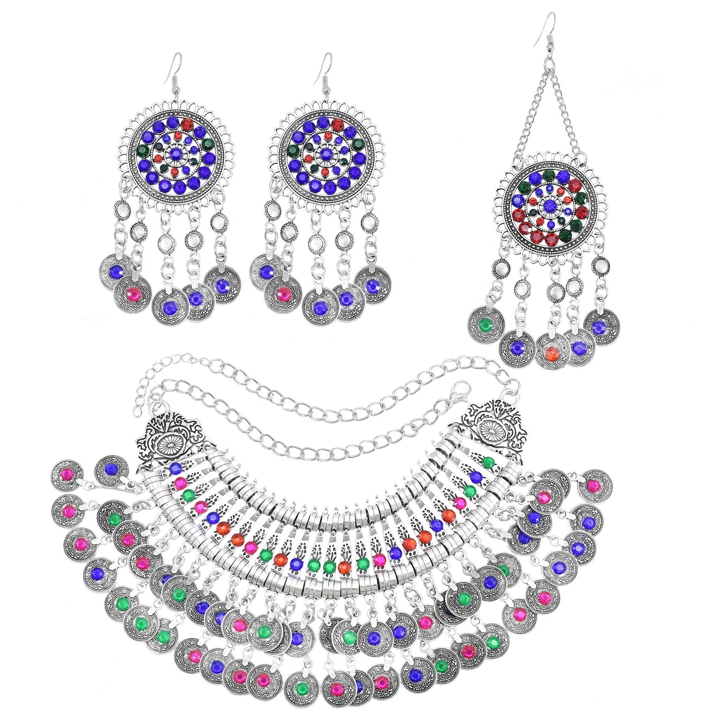 Colorful Crystal Bead Coin Ethnic Choker Necklace Drop Earrings Set For Women Retro Gypsy Afghan Traditional Dress Jewelry Sets