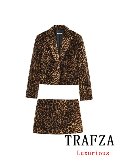 TRAFZA Vintage Women Leopard Print Suit Button Short Blazer Straight Mini Skirt Short Fashion 2025 Spring Office Wear Sets