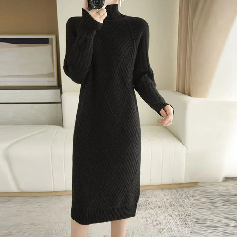 Women Mock Neck Ribbed Solid Knitted Cashmere Wool Sweater Dresses