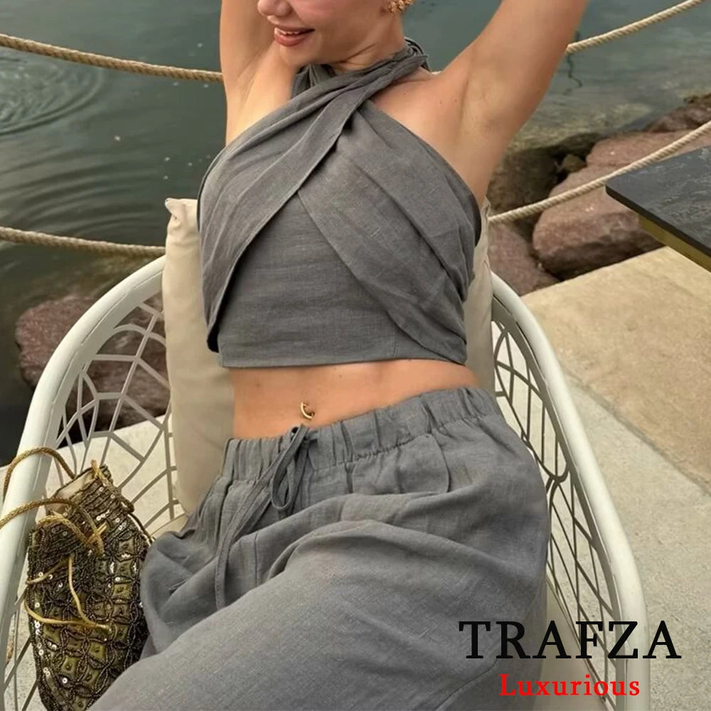 TRAFZA Streetwear Khaki Suits Women Sleeveless Halter Sexy Crop Tops Women+High Waist Wide Leg Pants Fashion 2025 Sets