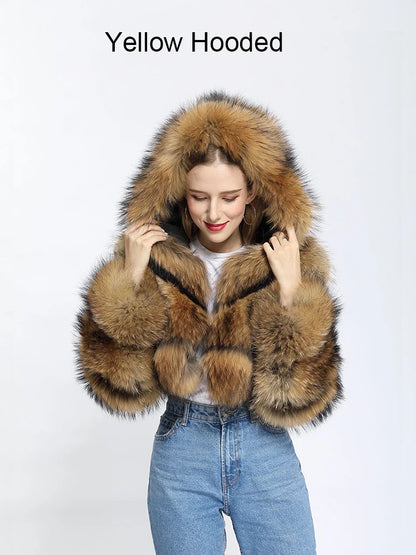 High Quality Cropped Faux Raccoon Fur Coat Women Winter Fashion O Neck Long Sleeve Fluffy Short Faux Fur Jacket Crop Top