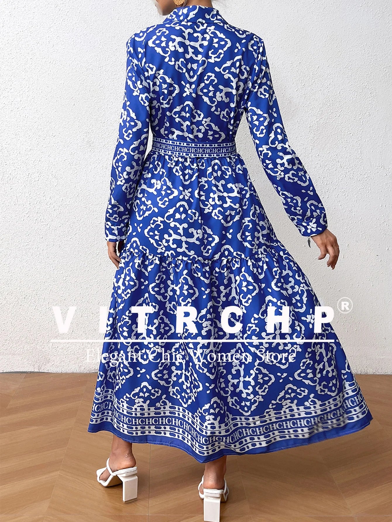 Women's Bohemian Style Elegant Dress Long Belt Retro Print Banquet Style Long A-line Women's Dress Vestido