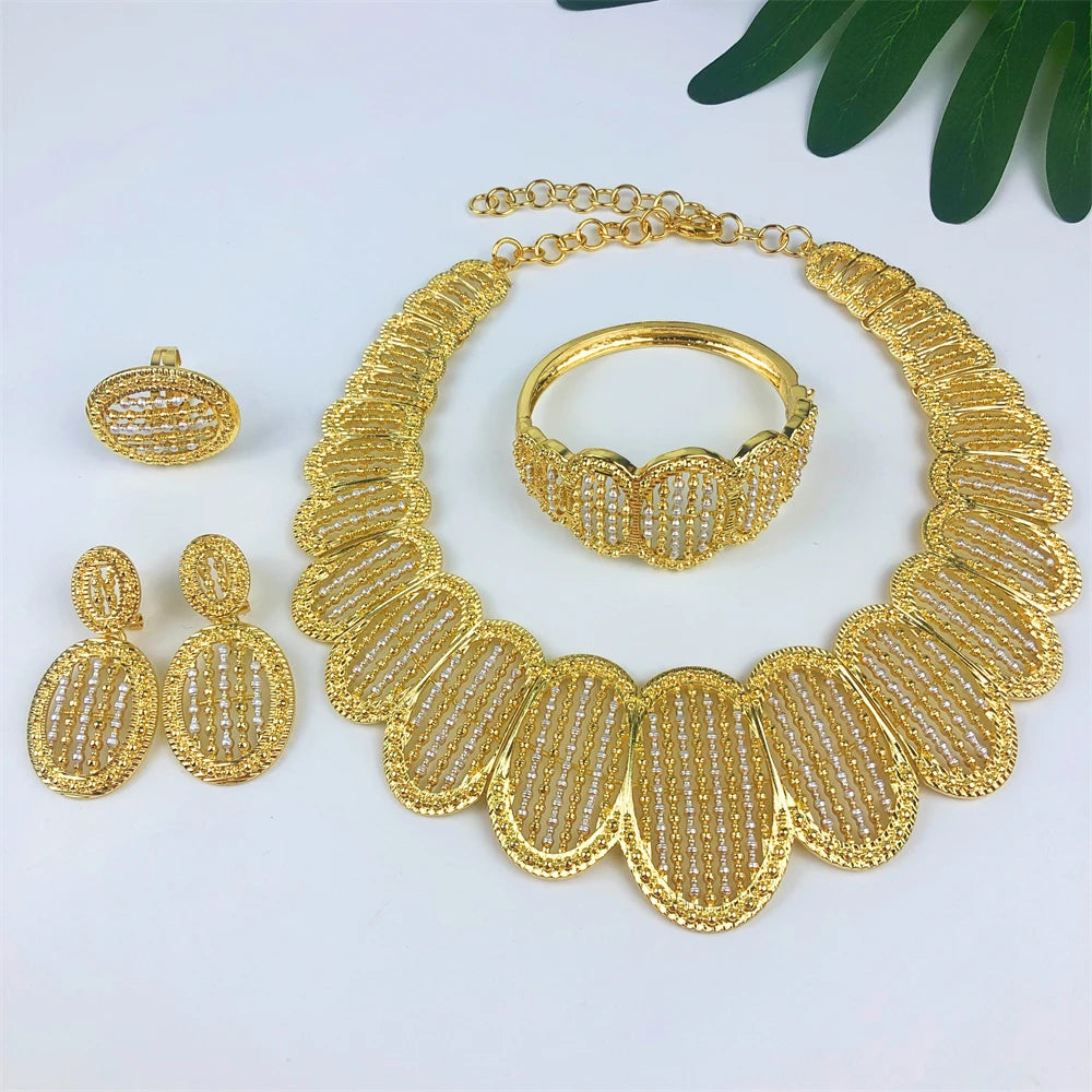 Italian Nigeria 18K Gold Plated Jewelry Set Luxury Women Original Bold Necklace Earrings Bracelet Ring Bridal Wedding Party Gift