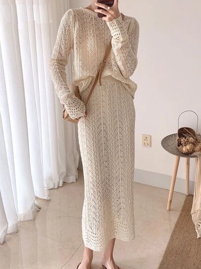 Skirt Two Piece Suit Knitted Dress Hollow Out New Round Neck Long Sleeve Fit Women Fashion Tide Autumn 2025 23KX517