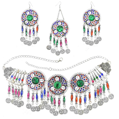 Color Crystal Coin Tassel Choker Necklace Earrings For Women Turkish Afghan Dress Indian Clothes Traditional Ethnic Jewelry Set